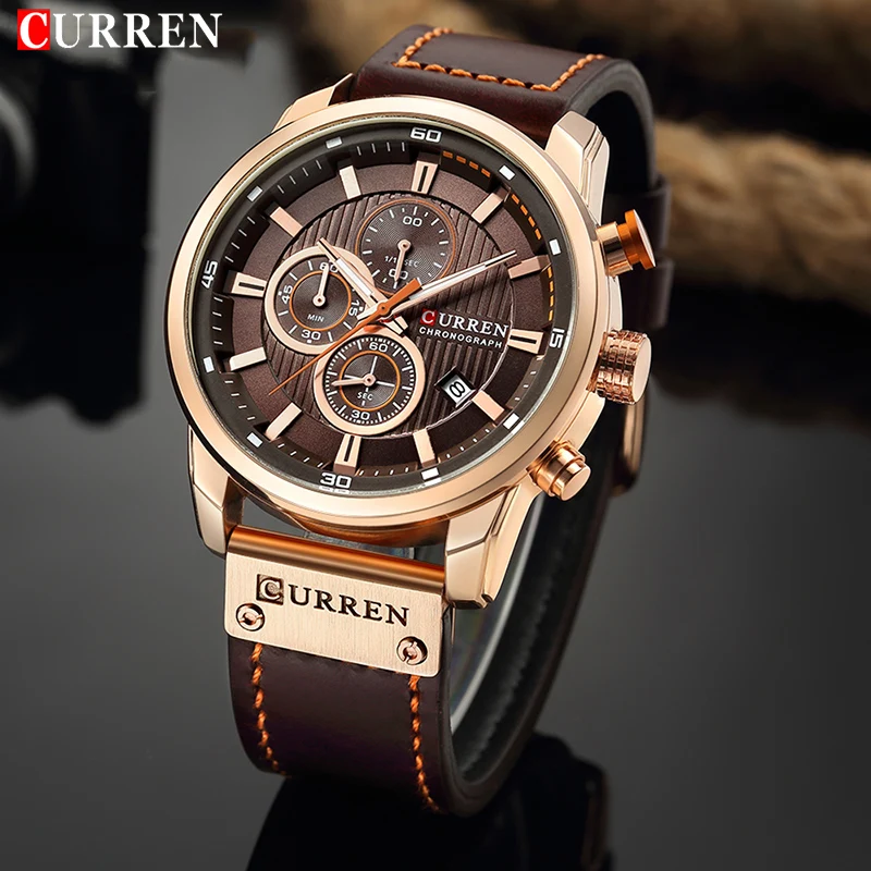 CURREN-reloj deportivo de cuero para hombre, cronógrafo de cuarzo, militar, Masculino