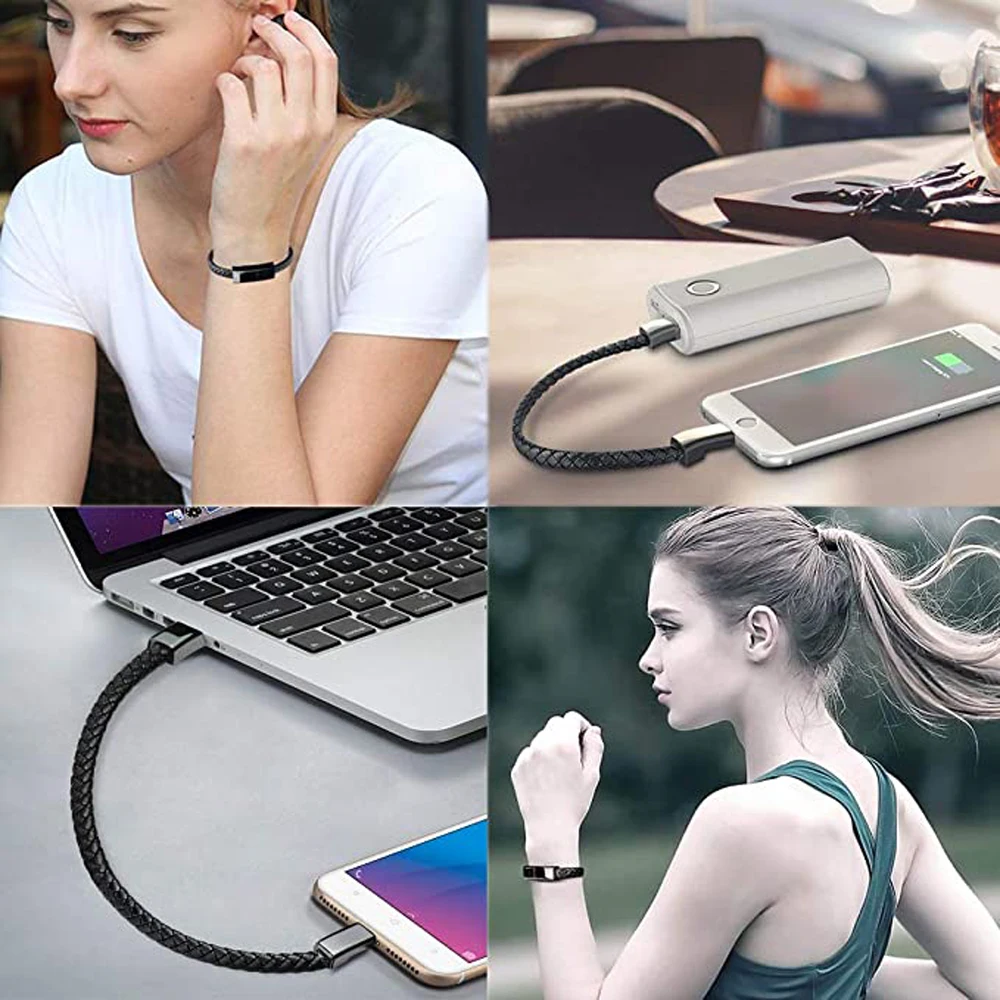 ILEPO pulsera Cable de carga USB al aire libre portátil de cuero Mini Micro USB C cargador Cable de datos para iPhone Samsung HUAWEI Xiaomi