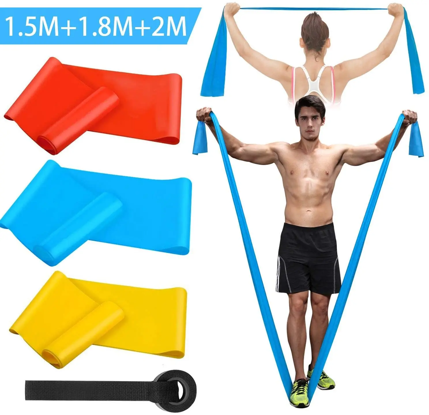Bandas Elasticas Fitness, 3 Piezas 1.5M/1.8M/2.0M Bandas de Resistencia con 3 Niveles, Cintas Elasticas Fitness para Yoga, Pilates, Crossfit, Estiramientos, Muscular, Piernas, Brazos, Fuerza