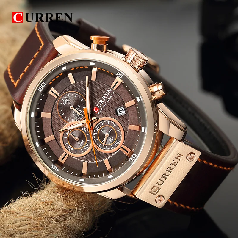 CURREN-reloj deportivo de cuero para hombre, cronógrafo de cuarzo, militar, Masculino