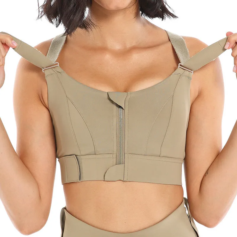 Sujetadores deportivos ajustados para mujer, Top corto, chaleco de Yoga con cremallera frontal, talla grande, correa ajustable, a prueba de golpes, gimnasio, Fitness, sujetador Atlético