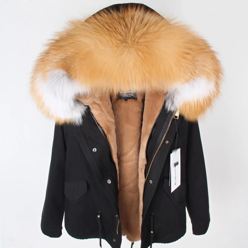 MAOMAOKONG 2025 abrigo de piel auténtica nueva moda Cuello de piel de zorro ropa de invierno para mujer forro extraíble chaqueta gruesa Parka corta