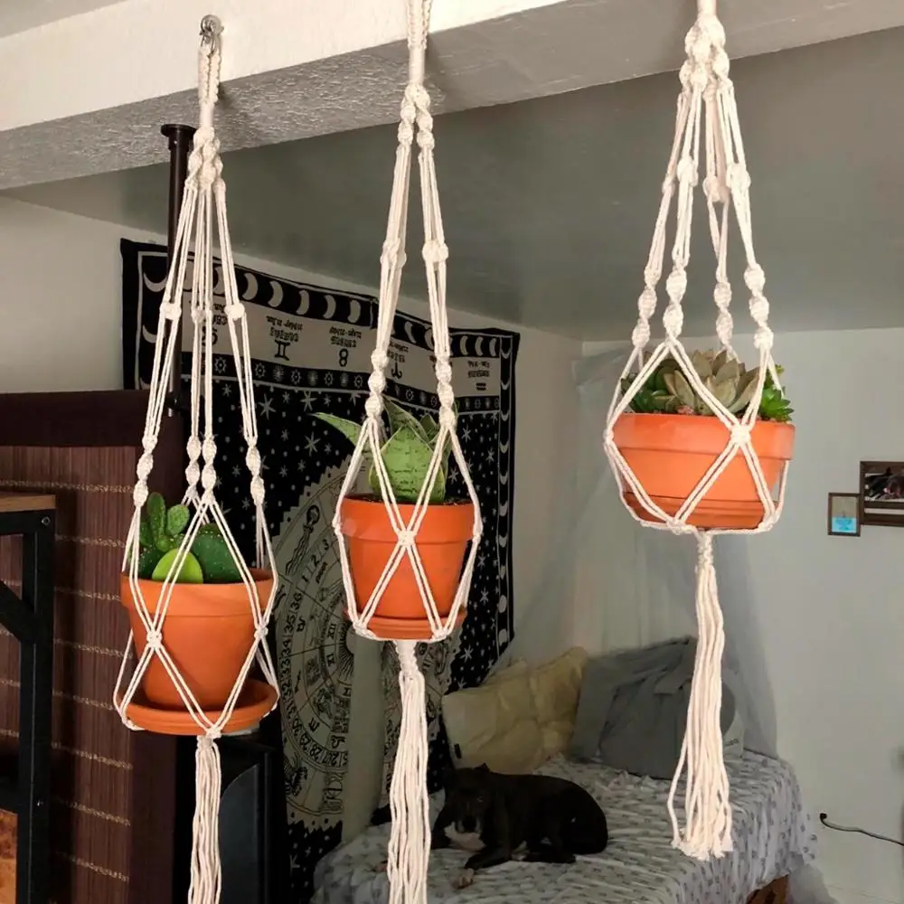 Planta colgante hecha a mano, macramé, colgador de plantas, maceta, decoración de pared, patio, jardín, maceta colgante, cesta colgante