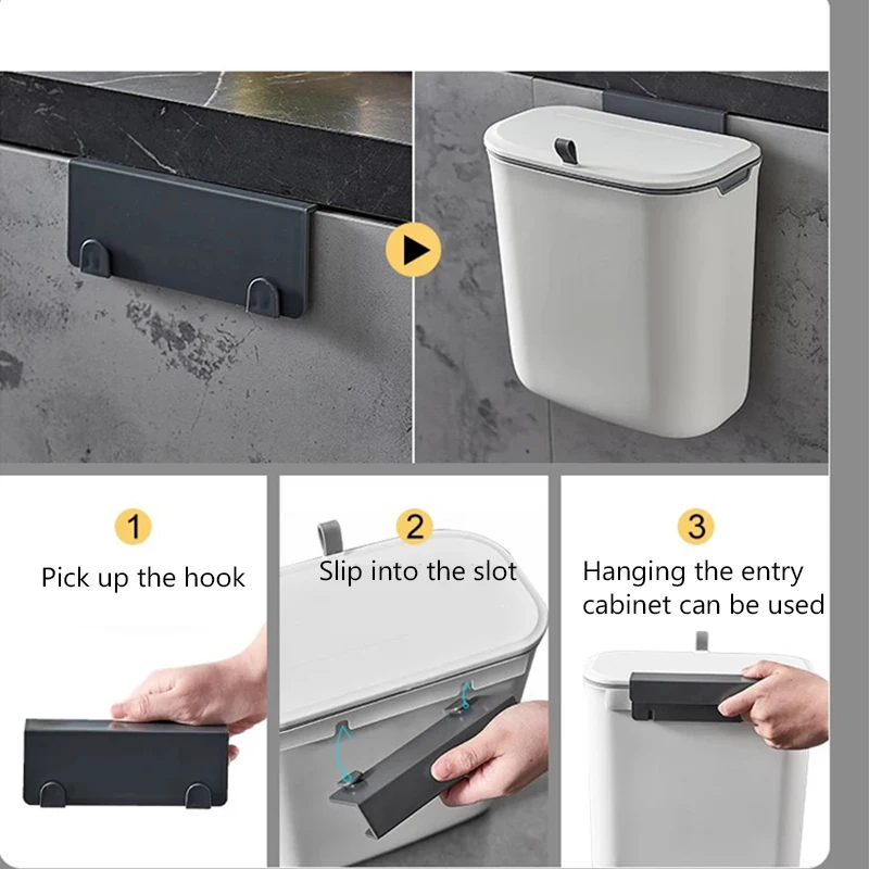 Cubo de basura montado en la pared con tapa para puerta de armario de cocina, cesta de papel colgante creativa para baño, inodoro, sala de estar, 7L/9L