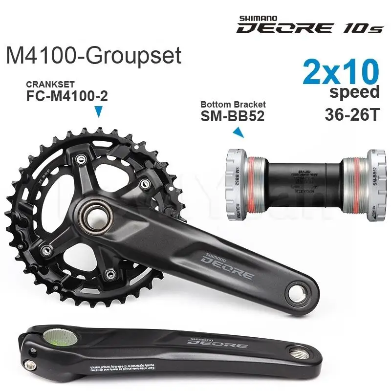 Grupo de Transmisión SHIMANO DEORE - M4100, Juego de Bielas FC-M4100-2 36-26T y Eje de Pedalier SM-BB52 /BB-MT500-PA- 2x10 velocidades