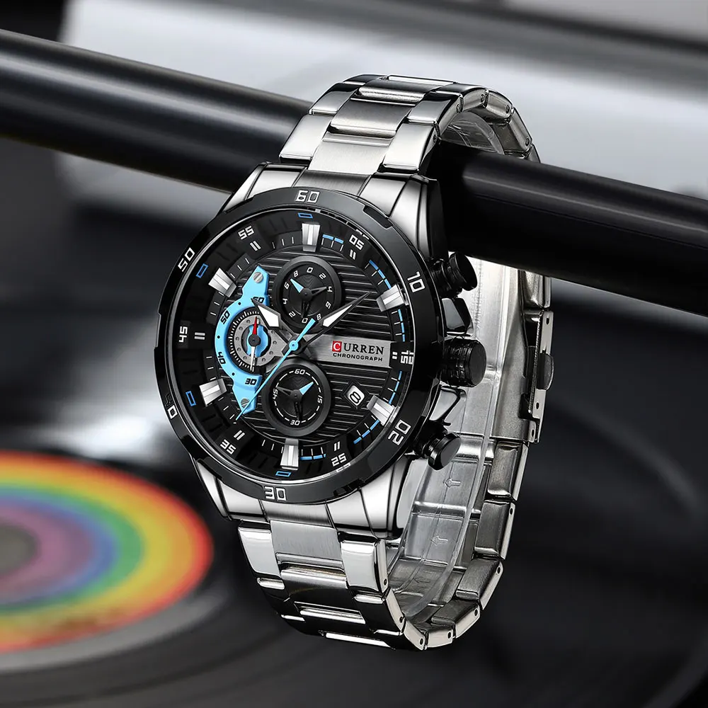 Relojes CURREN de acero inoxidable para hombre, Esfera luminosa de moda creativa con cronógrafo, relojes de pulsera informales para hombre