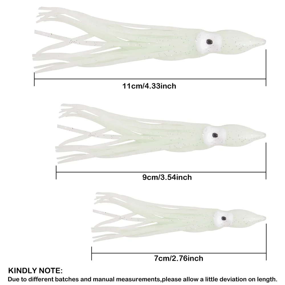 120 Uds faldas de calamar fluorescentes Jig cebo luminoso pulpo señuelos cebo suave agua salada Trolling Señuelos de pesca de fundición 7cm 9cm 11cm