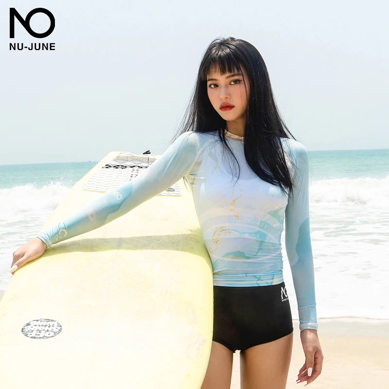 Nu-june traje de baño de manga larga para mujer, traje de baño de protección solar, pantalones de piel de buceo, traje de surf dividido, traje de buceo flotante