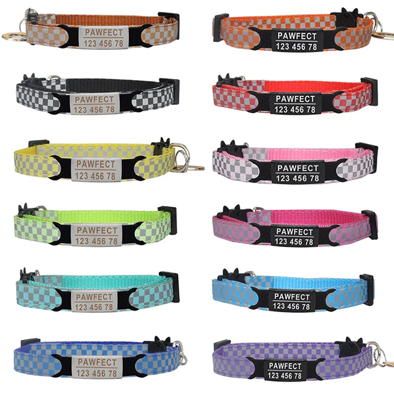 Nuevo Collar reflectante a cuadros para mascotas, ID personalizado, grabado gratis, nailon para gato, ajustable para cachorros y gatitos, collar