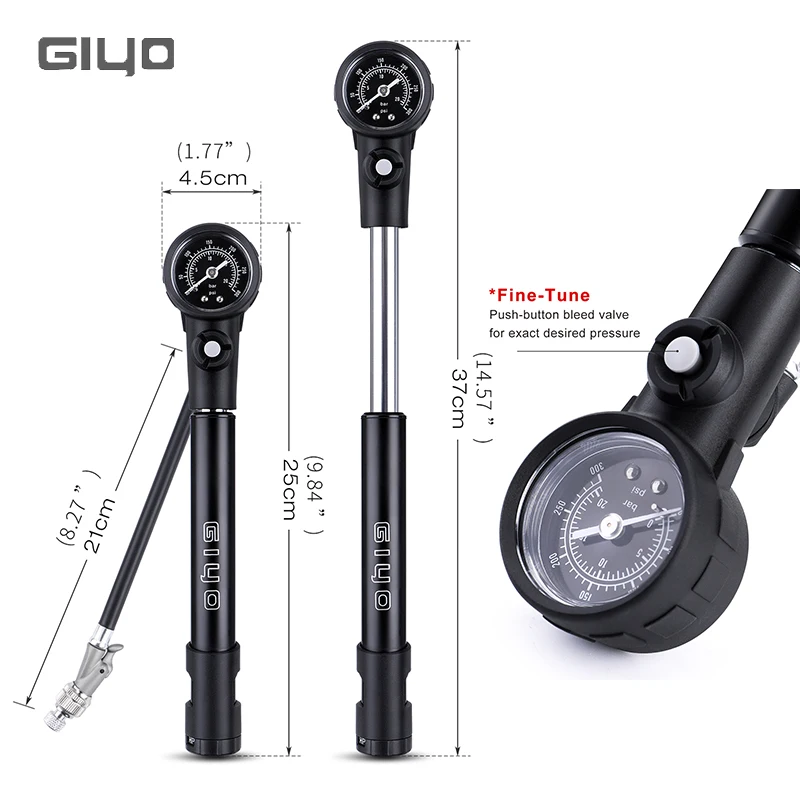 Bomba de Aire para Suspensión de Bicicleta Giyo MTB 300psi con Manómetro, Inflador de Neumáticos para Bicicleta con Válvulas Schrader y Presta, Bomba para Horquilla de Bicicleta