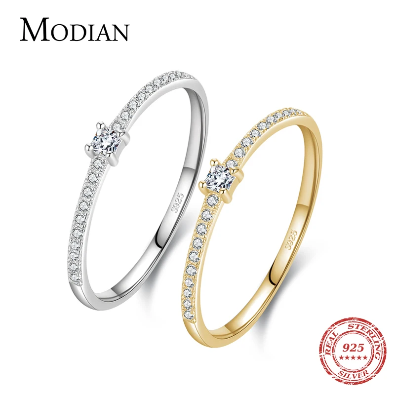 Modian 2021 Plata de Ley 925 auténtica Simple cuadrado claro CZ encanto Color dorado anillos de dedo para mujeres joyería de compromiso de boda