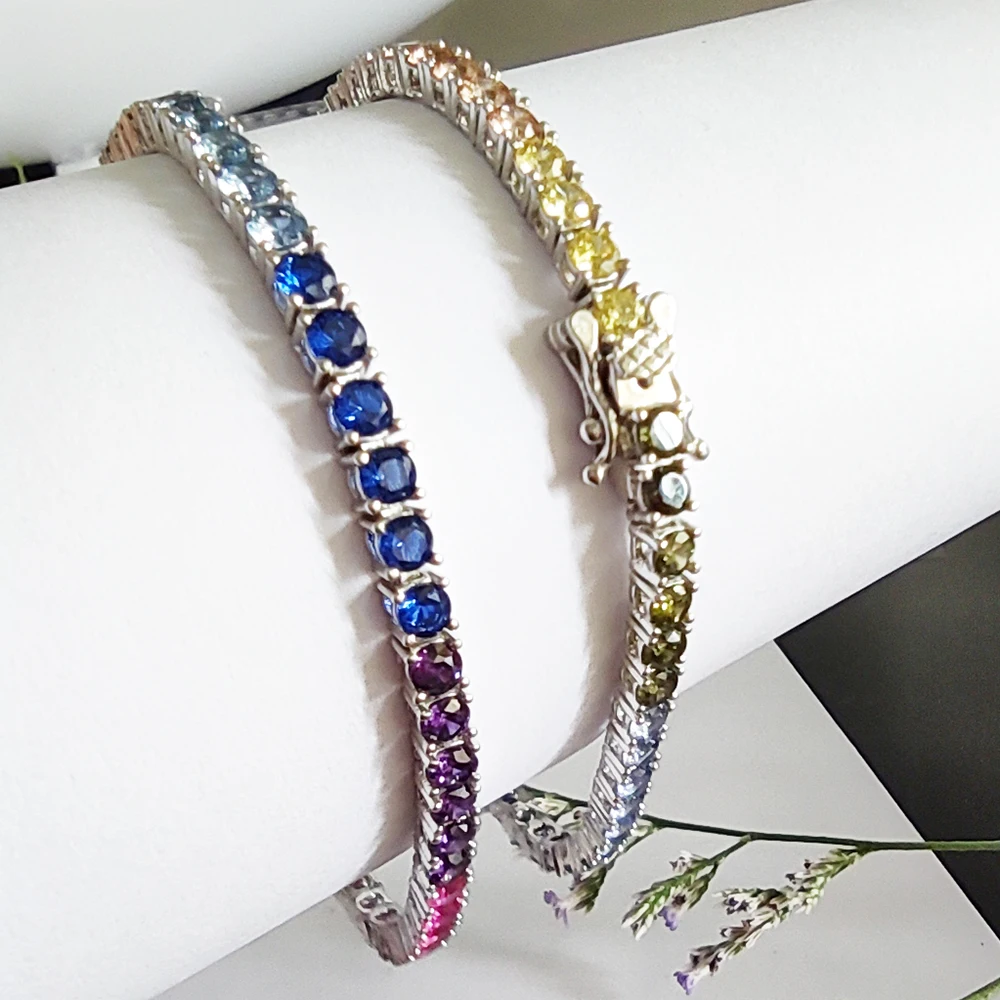 Sólido Plata 925 auténtica pulsera de tenis de circonita arcoíris de 3 mm 15/16/17/18/19/20/21 cm cadena de joyería fina bastante colorida para mujer