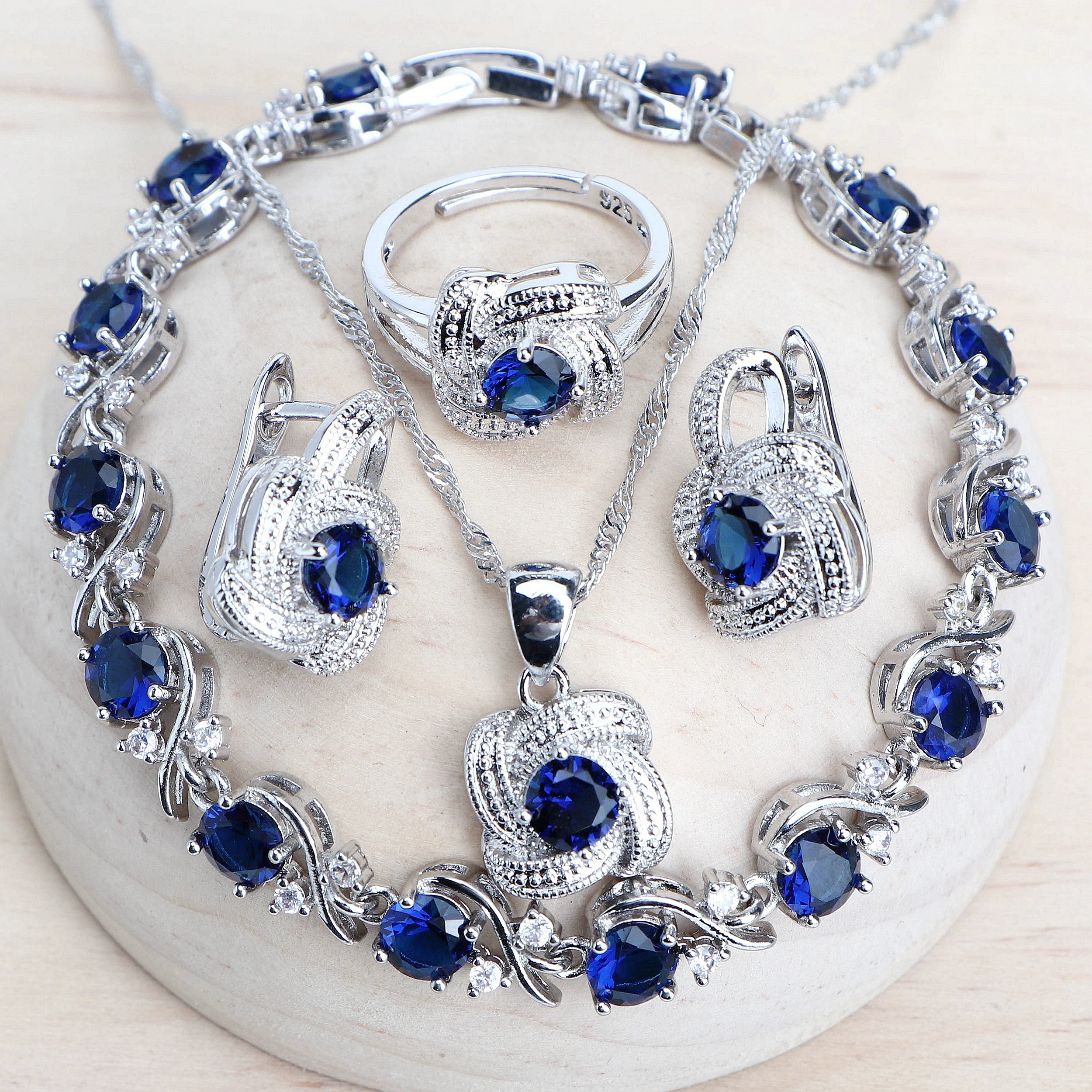 Conjuntos de joyería para mujer de circonia azul, Plata de Ley 925, joyería nupcial para boda, pendientes, anillos, pulseras, collar con colgante