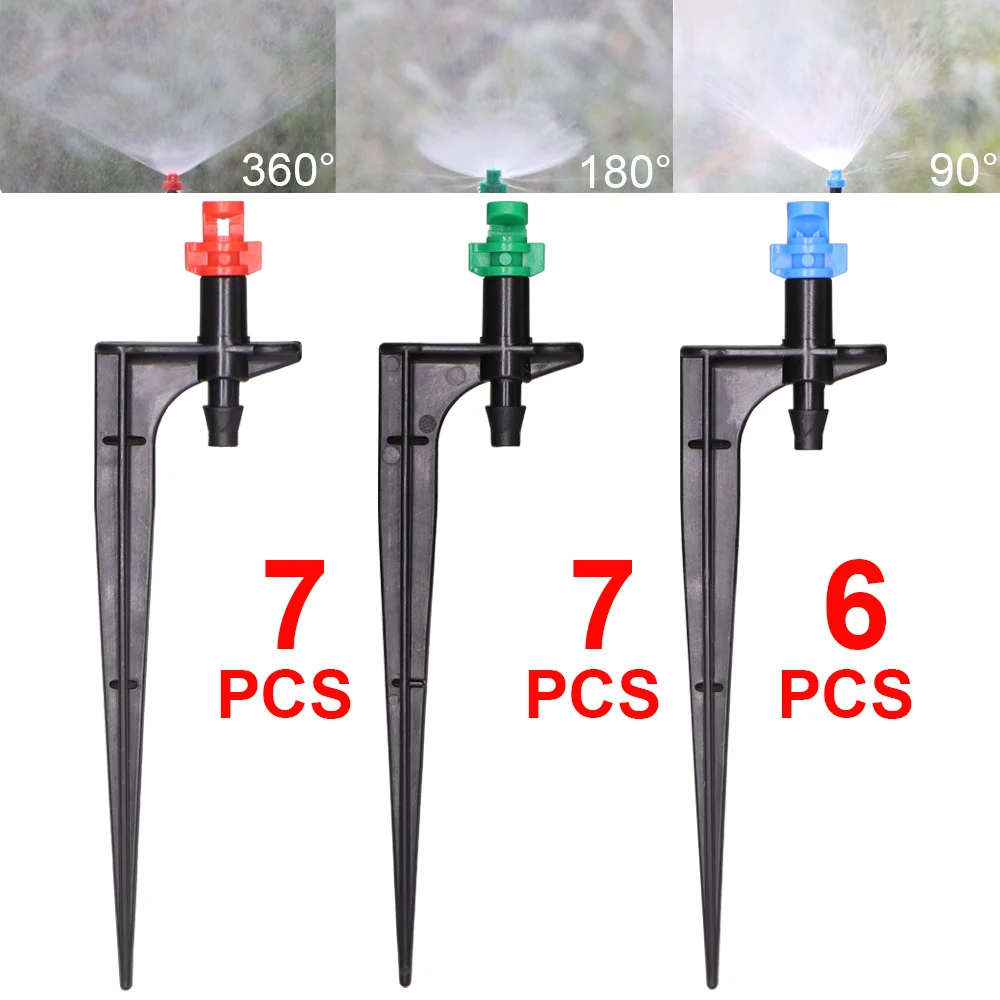 20 piezas Micro boquilla de nebulización de 90/180/360 grados, estaca de 11cm, conector de púas de 1/4 pulgadas, aspersor de riego para jardín, invernadero
