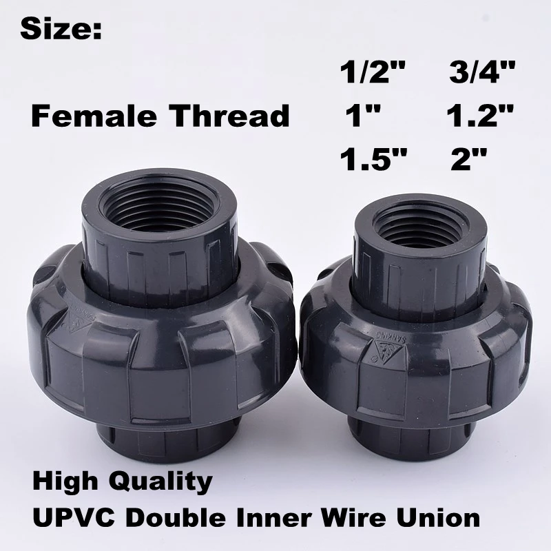 Conector de tubería de agua de unión de doble rosca hembra UPVC, accesorios de riego de plantas de jardín, alta calidad, 1/2 "-2"