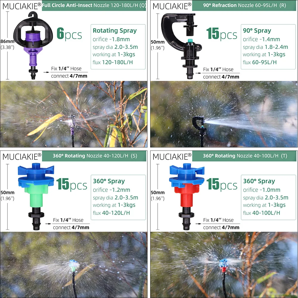 MUCIAKIE 24 tipos de boquillas de aspersores de jardín con junta de púas de 1/4 pulgadas 90 180 360 cabezal de pulverización colgante de riego roatorio de refracción