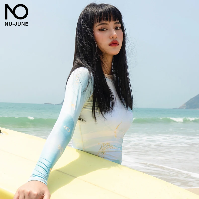 Nu-june traje de baño de manga larga para mujer, traje de baño de protección solar, pantalones de piel de buceo, traje de surf dividido, traje de buceo flotante