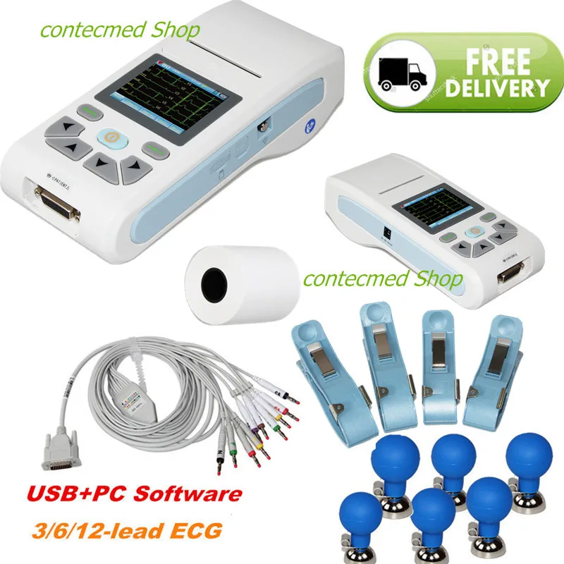 CONTEC-electrocardiógrafo de 12 canales, máquina ECG/EKG, software para PC, pantalla táctil ECG90A