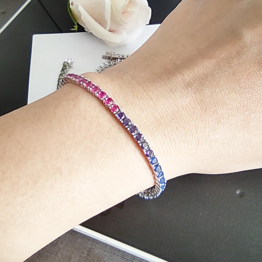 Sólido Plata 925 auténtica pulsera de tenis de circonita arcoíris de 3 mm 15/16/17/18/19/20/21 cm cadena de joyería fina bastante colorida para mujer