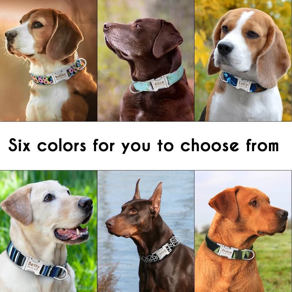 Collar de accesorios para perros personalizado, Collar para cachorros con estampado de nailon, collares de identificación para perros, identificación grabada gratis para perros pequeños, medianos y grandes