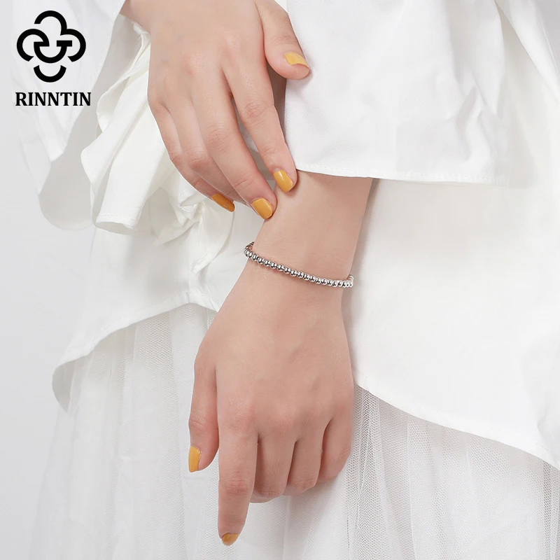 Rinntin-pulsera de plata de ley 925 para hombre y mujer, brazalete de cadena con cuentas de 4mm, hecho a mano, joyería SB103