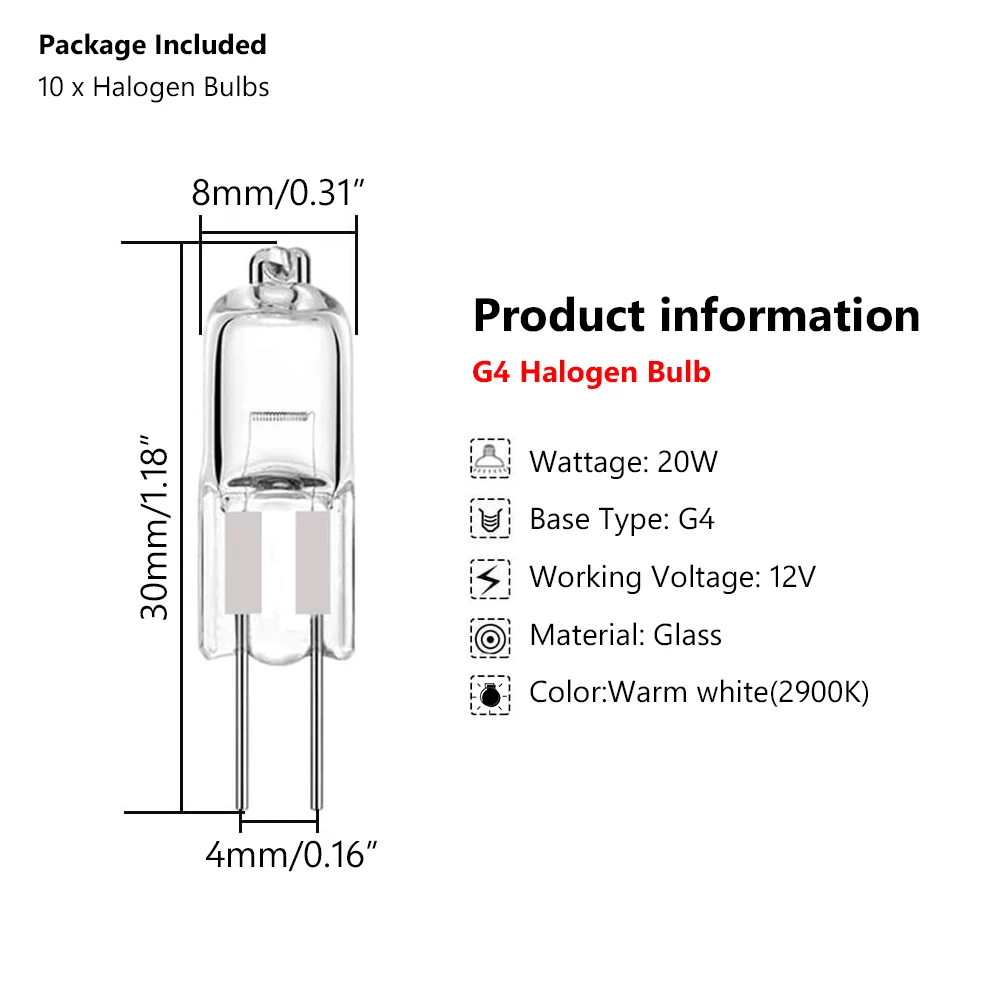 Bombilla halógena G4 superbrillante, lámpara de luz tipo JC, de tungsteno, 12V/CC, 20w, 10/20/40 Uds.
