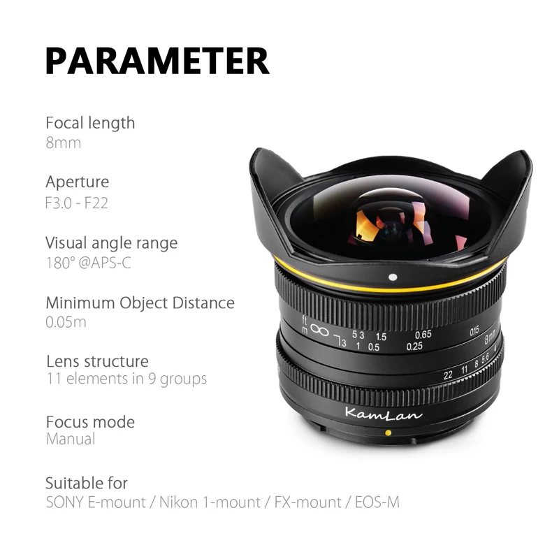 Kamlan 8mm F3.0 APS-C enfoque fijo gran angular lente Manual pura lente de cámara sin espejo para Canon Fuji Macro 4/3
