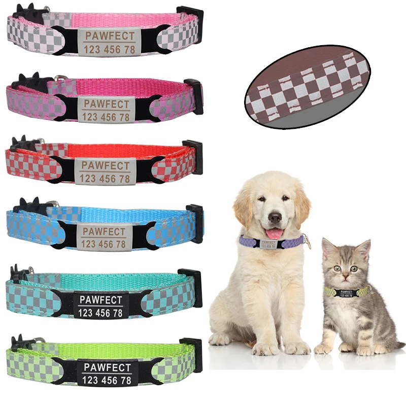 Nuevo Collar reflectante a cuadros para mascotas, ID personalizado, grabado gratis, nailon para gato, ajustable para cachorros y gatitos, collar