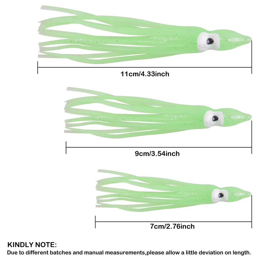 120 Uds faldas de calamar fluorescentes Jig cebo luminoso pulpo señuelos cebo suave agua salada Trolling Señuelos de pesca de fundición 7cm 9cm 11cm