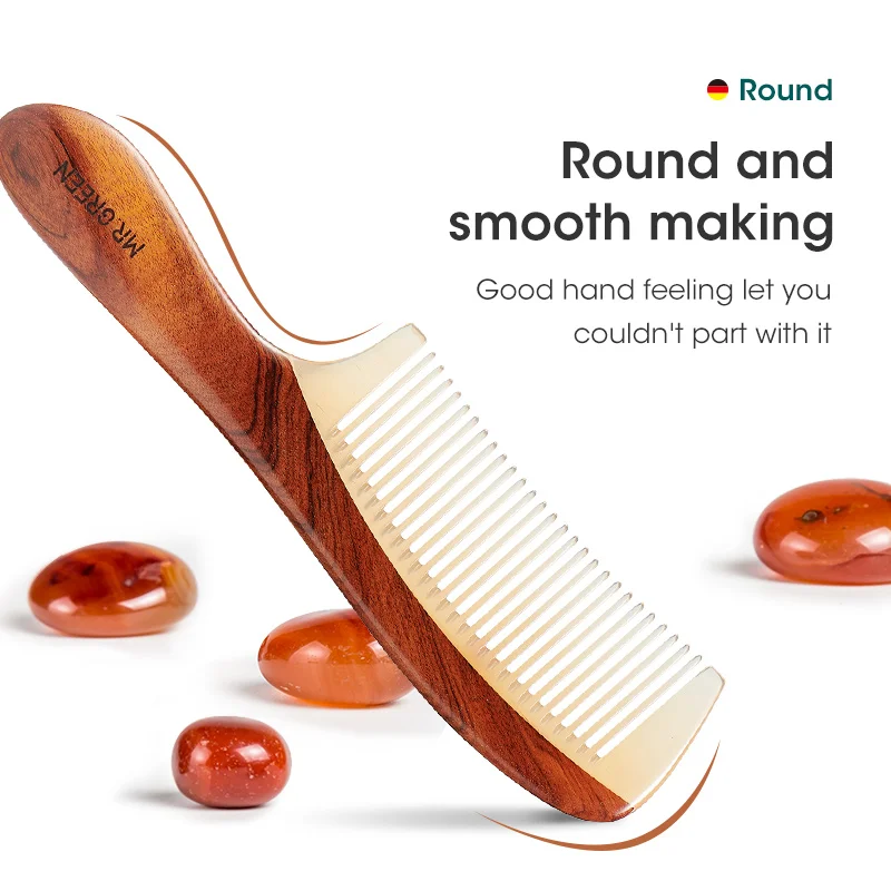Peine MR.GREEN de Madera Natural con Estructura de Unión de Cuerno, Peine de Dientes Finos Antiestático para Masaje de Puntos de Acupuntura en la Cabeza, Regalo