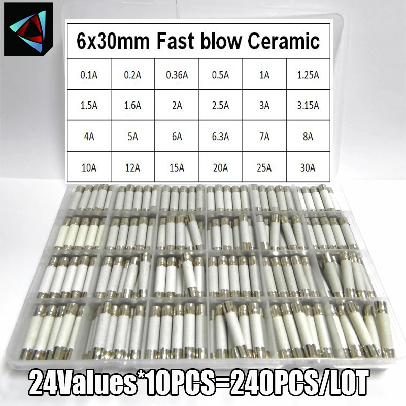 240 unids/caja 24 valores 6x30mm fusible cerámico de soplado rápido 250V 0.1A 0.2A 0.5A 1A 1.5A 2A 2.5A 3A 3.15A 4A 5A 6A 10A 15A 20A 25A30A