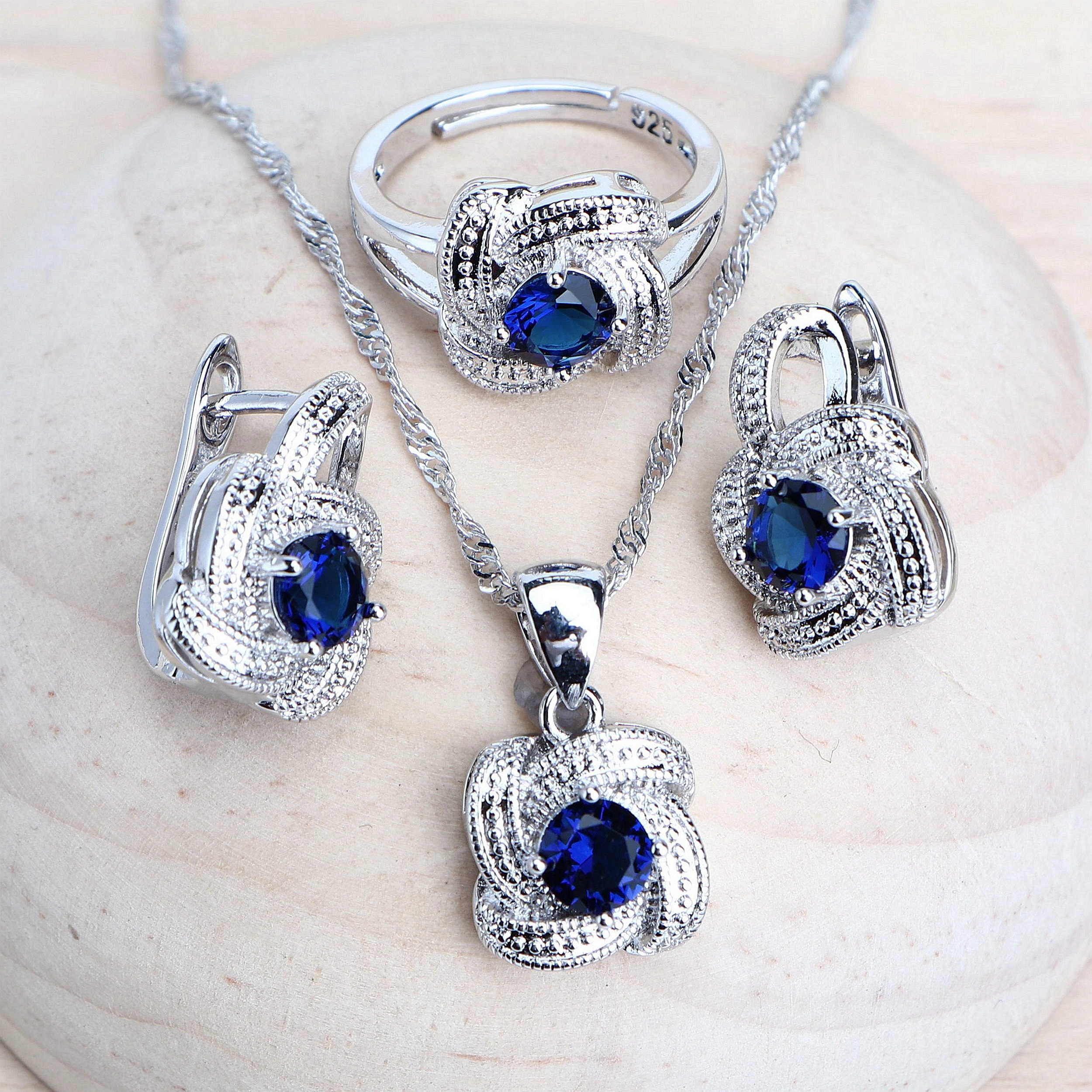 Conjuntos de joyería para mujer de circonia azul, Plata de Ley 925, joyería nupcial para boda, pendientes, anillos, pulseras, collar con colgante