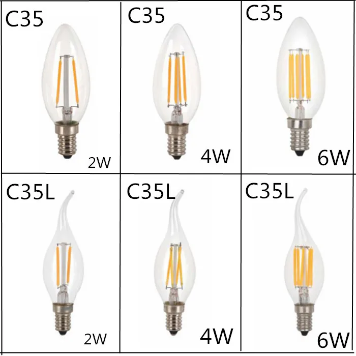 10 Uds bombilla LED C35 E14 E12 E27 220V 110V regulable 2W 4W 6W diseño vela de ahorro de energía luz de filamento blanco cálido lámpara de 360 grados