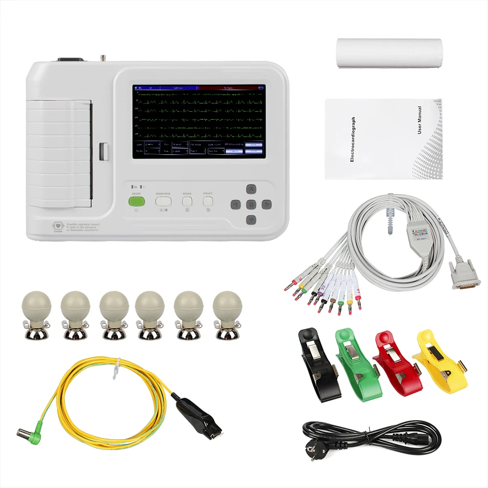 CONTEC-electrocardiógrafo Digital ECG600G, pantalla táctil, 6 CANALES, 12 cables, Monitor EKG con impresora térmica