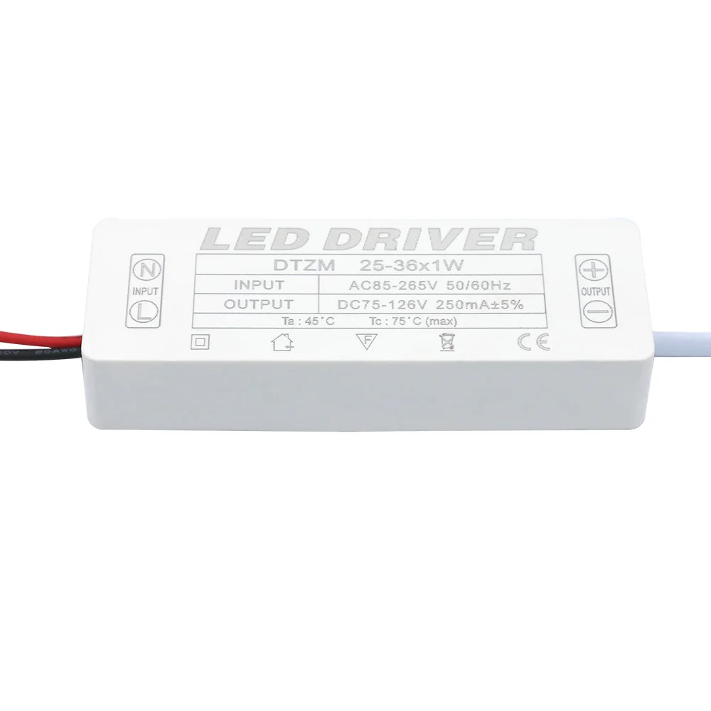 Controlador LED 250mA 1-3W 3-5W 4-7W 8-12W 12-18W 18-25W 25-36W Unidad de fuente de alimentación LED 250mA AC90-265V transformadores de iluminación para LED