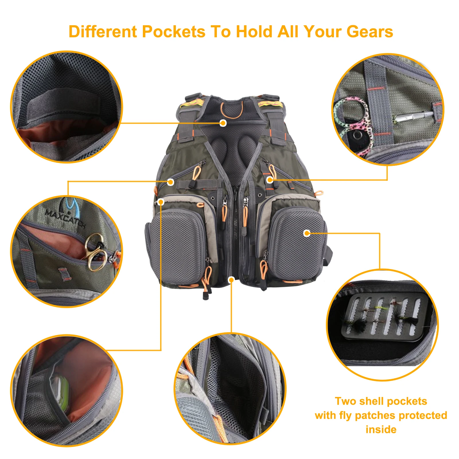 Chaleco de pesca con mosca Maximumcatch con bolsillos multifunción, mochila de pesca de tamaño ajustable, bolsa de pesca
