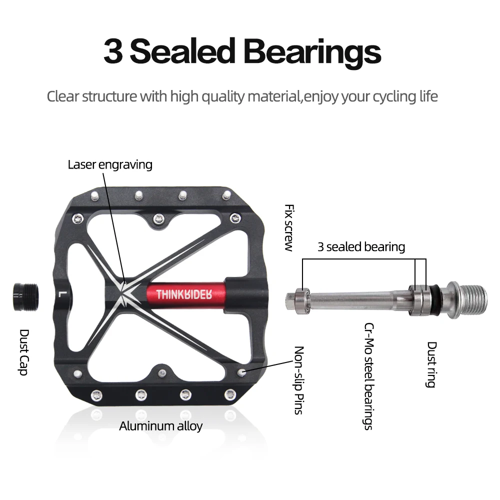 ThinkRider-pedales planos para bicicleta de montaña, accesorio de plataforma ancha, 3 rodamientos sellados