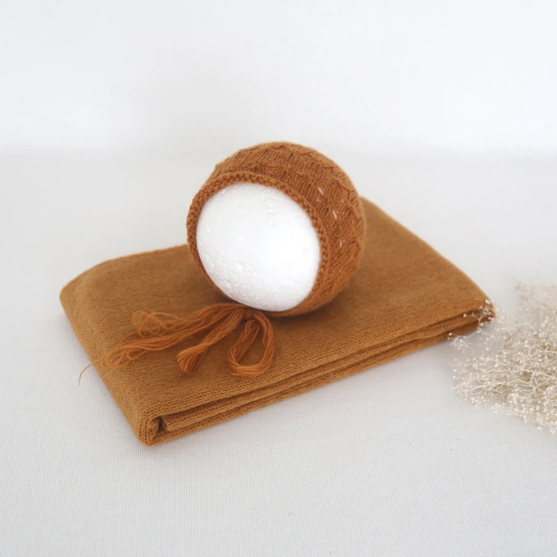 Envoltura elástica para recién nacido, un encantador conjunto de gorro de encaje, traje de utilería para fotografía de bebé, conjunto de gorro y envoltura de Mohair de punto para recién nacido