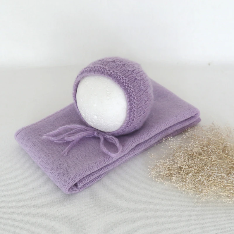 Envoltura elástica para recién nacido, un encantador conjunto de gorro de encaje, traje de utilería para fotografía de bebé, conjunto de gorro y envoltura de Mohair de punto para recién nacido