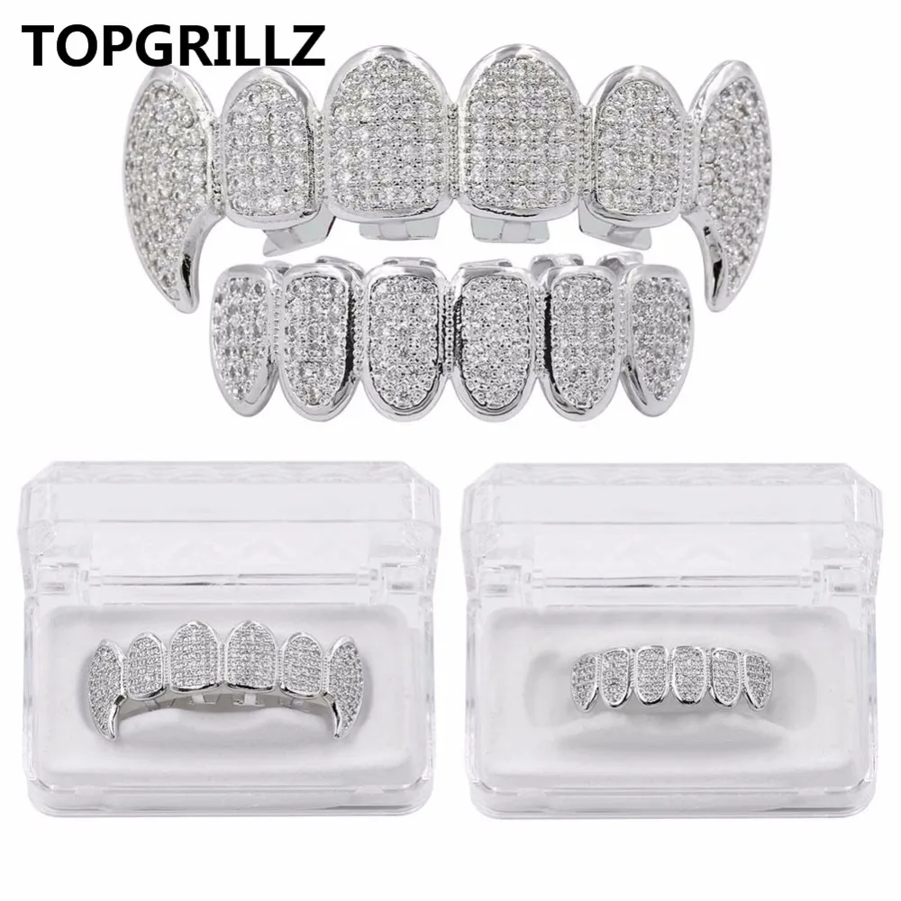 TOPGRILLZ-Juego de parrilla superior e inferior, nuevo ajuste, plata, CZ, Micro pavé, dientes de rodio, diente de vampiro Grillz