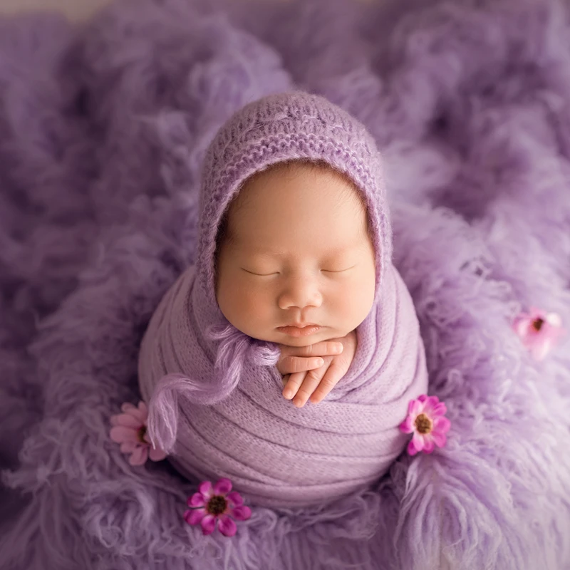 Envoltura elástica para recién nacido, un encantador conjunto de gorro de encaje, traje de utilería para fotografía de bebé, conjunto de gorro y envoltura de Mohair de punto para recién nacido