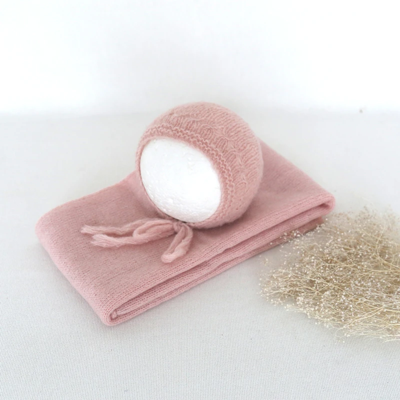 Envoltura elástica para recién nacido, un encantador conjunto de gorro de encaje, traje de utilería para fotografía de bebé, conjunto de gorro y envoltura de Mohair de punto para recién nacido