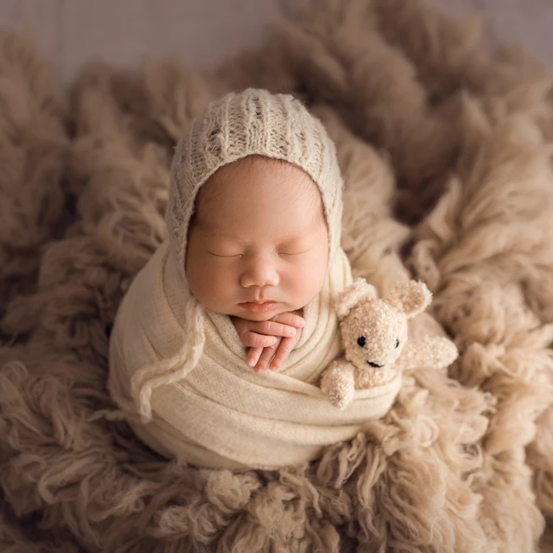 Envoltura elástica para recién nacido, un encantador conjunto de gorro de encaje, traje de utilería para fotografía de bebé, conjunto de gorro y envoltura de Mohair de punto para recién nacido