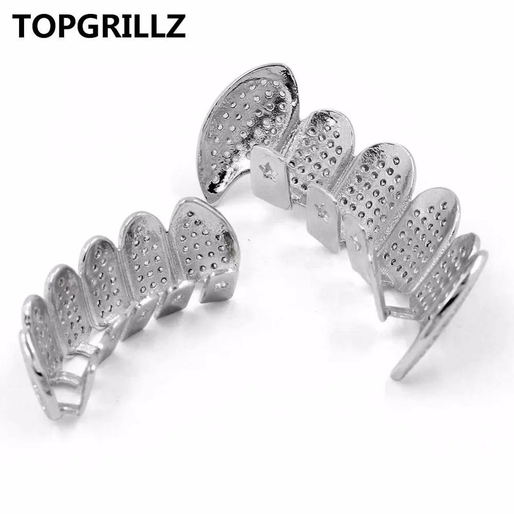 TOPGRILLZ-Juego de parrilla superior e inferior, nuevo ajuste, plata, CZ, Micro pavé, dientes de rodio, diente de vampiro Grillz