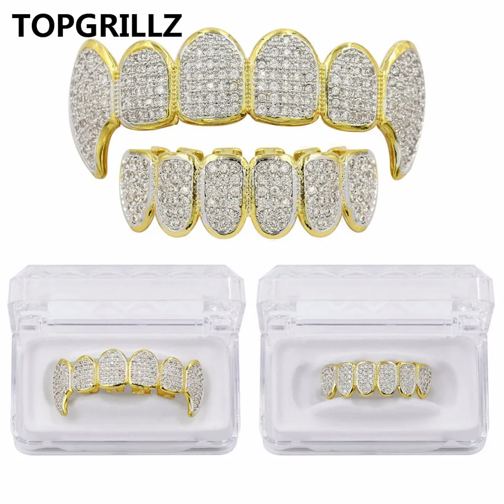 TOPGRILLZ-Juego de parrilla superior e inferior, nuevo ajuste, plata, CZ, Micro pavé, dientes de rodio, diente de vampiro Grillz