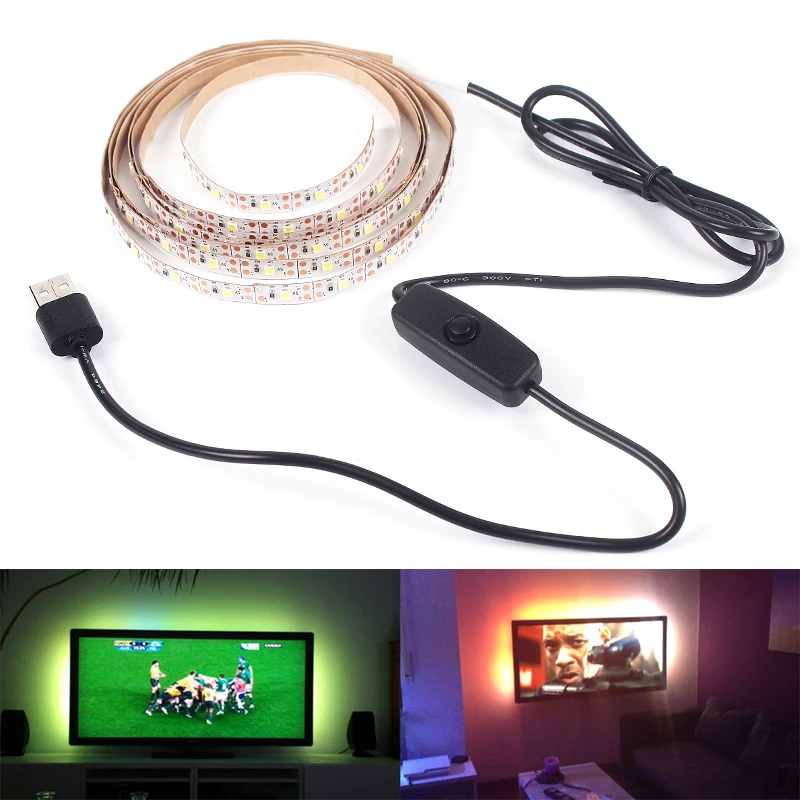 Tira de luces LED USB 2835 DC5V con interruptor, cinta de lámpara Flexible, TV, escritorio, ordenador, pantalla, iluminación de fondo, decoración del hogar