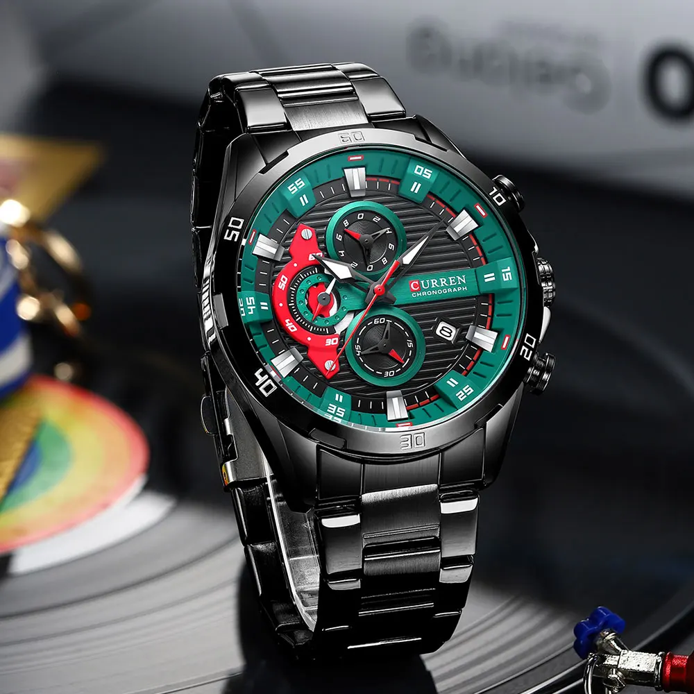 Relojes CURREN de acero inoxidable para hombre, Esfera luminosa de moda creativa con cronógrafo, relojes de pulsera informales para hombre