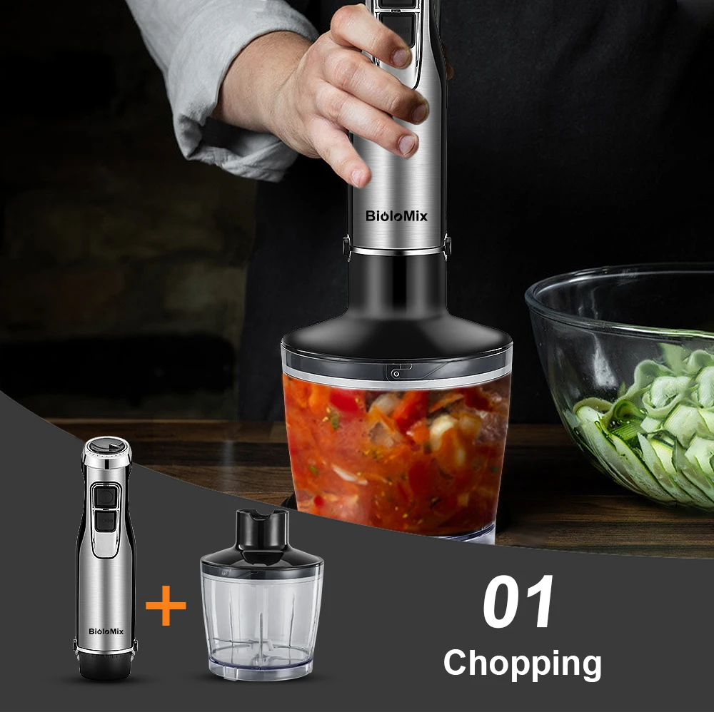 BioloMix-batidora de mano de inmersión 4 en 1, alta potencia, 1200W, incluye picadora y taza para batidos, cuchillas de hielo de acero inoxidable