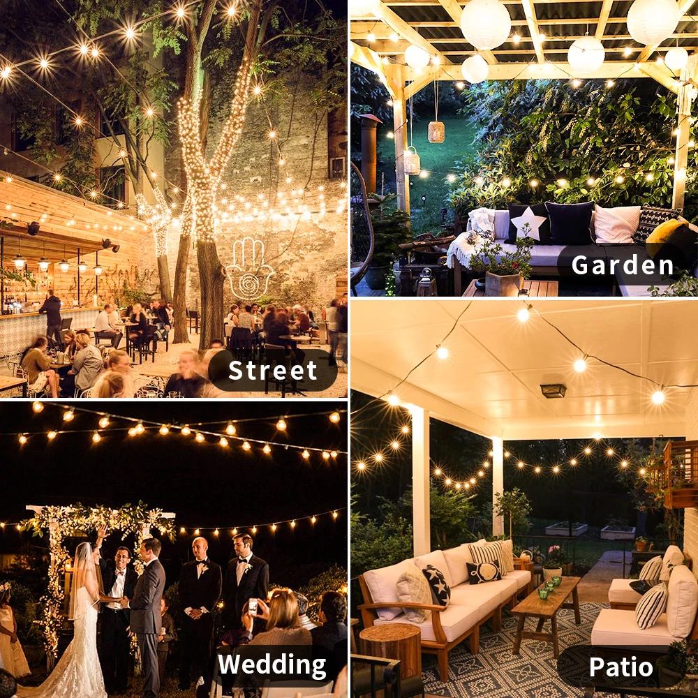 Guirnalda de luces LED de 30M para Fiesta de cumpleaños al aire libre, cadena de luces G40 para Patio, jardín, cadena de bombillas Vintage transparente para decoración de boda