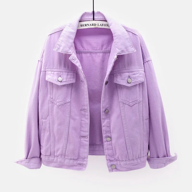 Abrigo vaquero liso corto para mujer, chaqueta vaquera holgada para primavera y otoño, prendas de vestir informales para estudiantes moradas, blanco, rosa, amarillo, rojo y negro